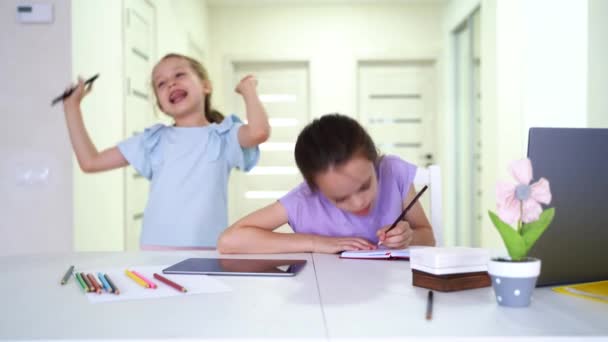 Little Girl Sitting Front Laptop Tired Exhaustive Studying Another Happy — Vídeo de Stock