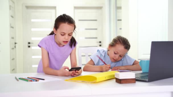 Two Children Little Girls Doing Homework Evading Each Other High — Vídeo de stock