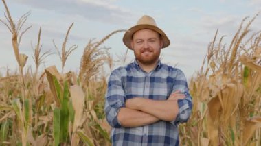 Gülümseyen kıdemli bir tarım uzmanı tarlada durup kameraya bakıyor. Bir adam büyük bir hasatın nasıl yetiştiğini gösterir. Yüzünde mutluluk var. Yüksek kalite 4k görüntü