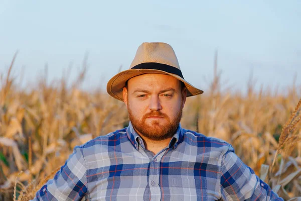 Portrait of a farmer with hat in a field of maize. Man in a rural agricultural environment. High quality photo