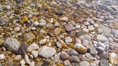 Vahşi dağ nehri taştan akıntılar arasında akıyor. Ulusal parkta hızlı ve temiz bir akış. Nehirlerin kıyıları arasında akan su akıntısının görüntüsü. su arka planı. Yüksek kalite 4k