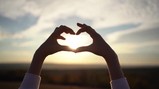 Bela Silhueta Feita Mão Forma Coração Fundo Pôr Sol Foto — Vídeo de Stock