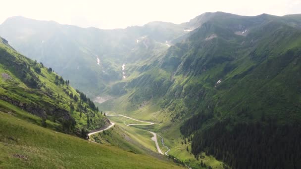 Aerial Drone Overhead Single Car Driving Curvy Mountain Road Green — Wideo stockowe