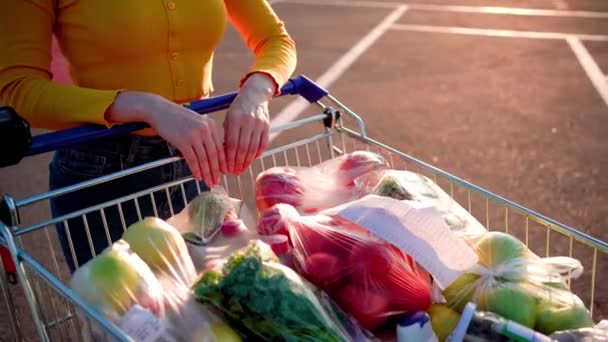 Ételes Kocsi Közelkép Egy Bevásárlókocsival Teli Kocsi Megy Szupermarketbe Kiváló — Stock videók