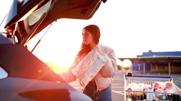 Mujer Compradora Con Carro Carro Carrito Compras Tienda Comestibles Mujer — Vídeos de Stock