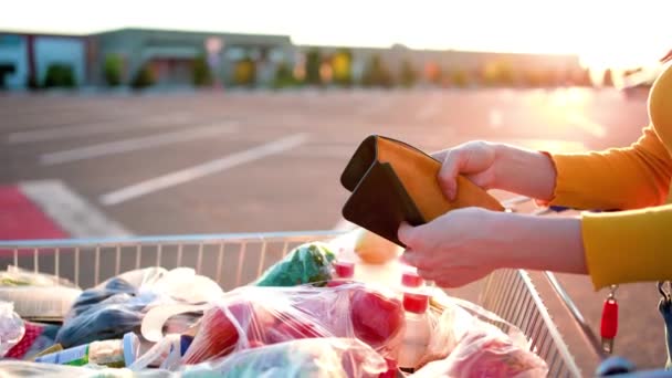 Cerca Mano Mujer Abrir Cartera Vacía Hay Dinero Cartera Concepto — Vídeo de stock