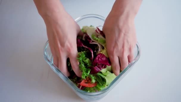 前景の女性の手は 新鮮なおいしいサラダで野菜成分と混合 認識できない菜食主義者 緑の葉と料理を準備 高品質4K映像 — ストック動画