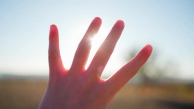 Mutlu kız elini güneş ışığına doğru çeker. Kız elini gökyüzüne uzatıyor. Parmakların arasından güneş ışınları. Doğa parkında kadın elini gökyüzüne uzatıyor.