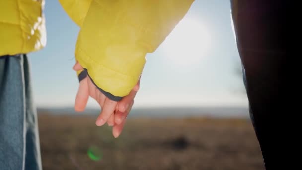 子供の手を閉じてください 日没時に手をつないで 友人に手を貸せ 太陽の光は指を通して輝きます 幸福と友情 手を閉じて — ストック動画