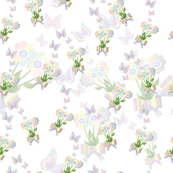 Spring Theme Seamless Pattern Vector Daisy Flowers Butterflies — Stock Vector