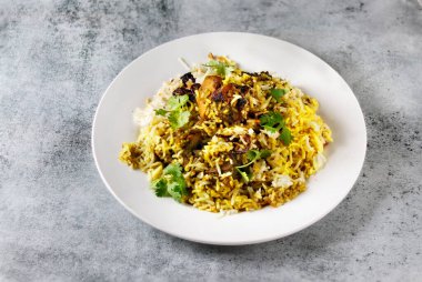 Hint baharatlarının aromatik karışımlı ev yapımı tavuk biryani. Kişniş yapraklarıyla süslemek. Tavuk Biryani, son derece lezzetli ve baharatlı. Ağırlık tabağında servis edilir. seçici odak