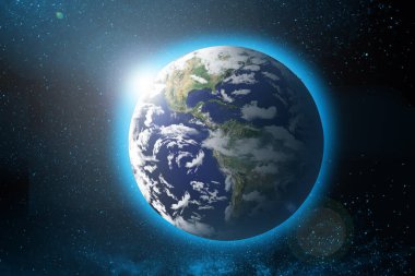 Dünya gezegenindeki uzaydan 3D canlandırma gündoğumu görüntüsü. Detaylı. Afrika bölgesi. Mavi dünya siyah evrende yıldızlarda. Gerçekçi dünya küresi. Bu görüntünün elementleri NASA tarafından desteklenmektedir.