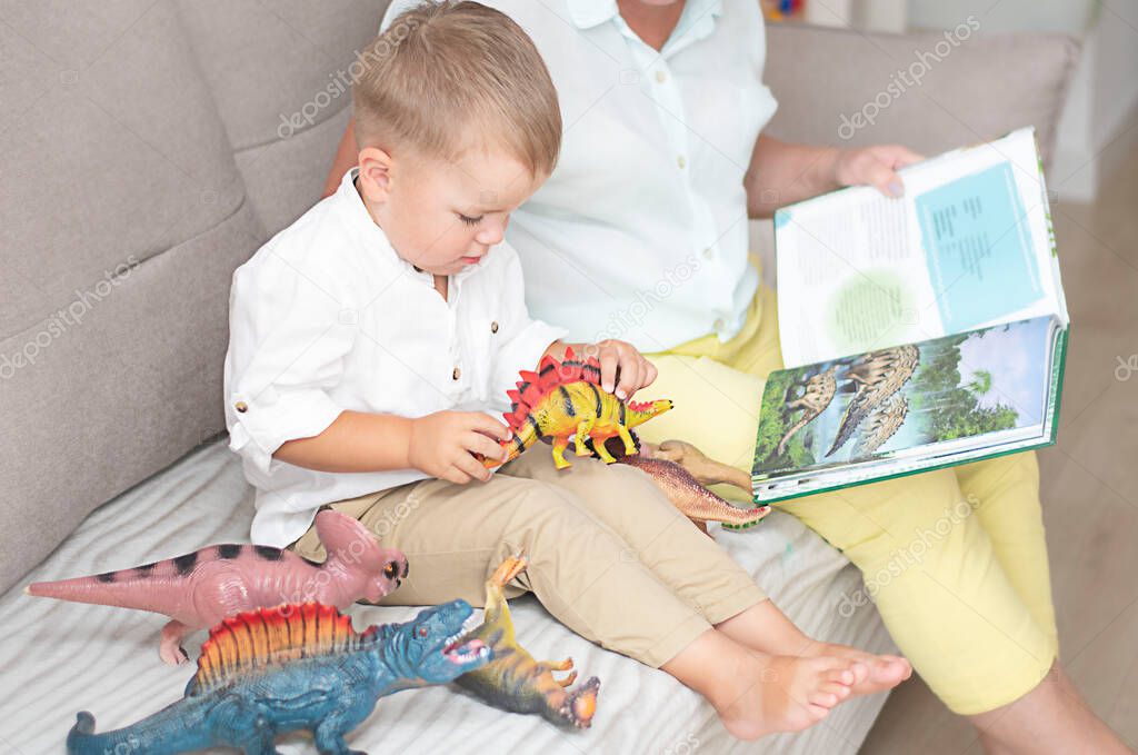 Family concept. A little caucasian boy learns the name of dinosaurs from a book together with his grandmother in a home interior. Soft focus.