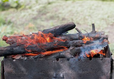 Fire. Burning firewood lies in a metal brazier and burns. Nature, fresh air. Summer. Close-up. Soft focus.
