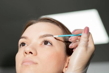 People. Beauty and health. Eyebrow correction. Master make-up artist paints the eyebrows of a young beautiful Caucasian girl. Close-up. soft focus