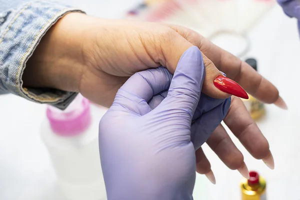 Manicurist Latex Lilac Gloves Varnishes Brush Long Beautiful Nails Client — Fotografia de Stock