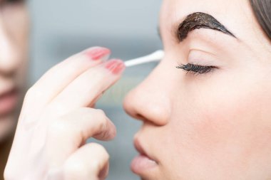Master make-up artist paints eyebrows brown to a beautiful young caucasian girl in a beauty salon. Close-up. Soft focus. Concept.