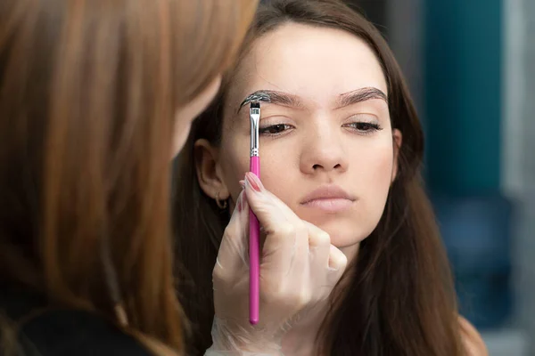 Master make-up artist paints eyebrows brown to a beautiful young caucasian girl in a beauty salon. Close-up. Soft focus. Concept.