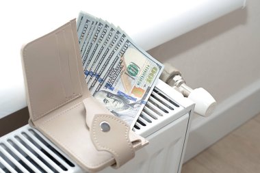 Avrupa 'daki enerji krizi kavramı. Amerikan dolarları ve ev içi radyatörde boş bir cüzdan. Yakın plan. Yumuşak odak.