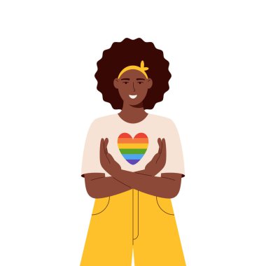 LGBT gurur ayı. Gülümseyen moda kadın, Igbt Heart 'ı kucaklıyor. Kadınlar Igbt topluluğunu destekliyor. Şiddete karşı gurur dolu bir ay, ayrımcılık, insan hakları. Beyazlara izole edilmiş. Banne.