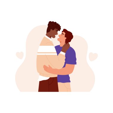 Homoseksüel çift. Birbirini kucaklayan iki genç adamın vektör çizimi. Birbirini seven çiftler birbirlerine bakarlar. Aşık eşcinsel çift. Beyaz arkaplanda izole.