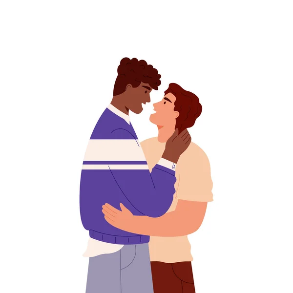 Casal Homossexual Ilustração Vetorial Dois Jovens Abraçam Casal Apaixonado Olhar —  Vetores de Stock