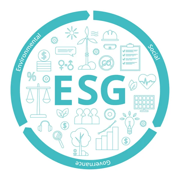 ESG-concept van milieu, sociale zaken en bestuur. Hoofdletters met pictogrammen die hun betekenis onthullen. Vector illustratie geïsoleerd op een witte achtergrond. — Stockvector