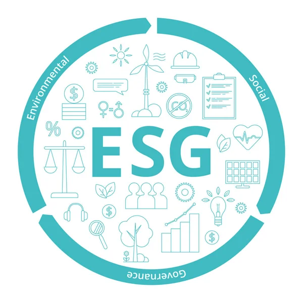 ESG Çevre, Sosyal ve Yönetim kavramı. Anlamlarını ortaya koyan büyük harflerle. Beyaz arkaplanda izole edilmiş vektör illüstrasyonu.
