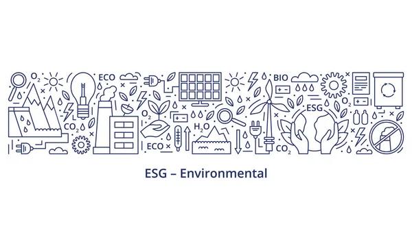 Bir dizi ESG, ECO, Biyo simgeleri. ESG çevre kriterleri, simgeler pankartın en üstünde, başlık ise en altta. Pankart. Şablon. Vektör illüstrasyonu beyaz arkaplanda izole edildi.