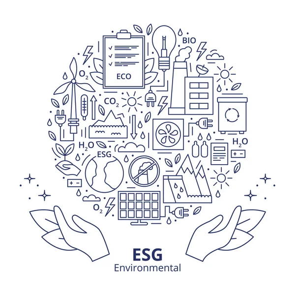 Bir dizi ESG, ECO, Biyo simgeleri. ESG çevre kriterleri, alttaki başlıkla daire şeklinde dizilmiş ikonlar. Şablon. Beyaz arkaplanda izole edilmiş vektör illüstrasyonu.