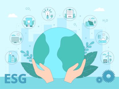 ESG çevre iş konsepti. Dünya gezegeni etrafında ikonlar dizilmiş. Yenilenebilir enerji. Modern düz vektör illüstrasyonu. 