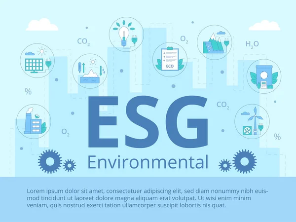 ESG çevre iş konsepti. Sunum için şablon. Pankart. Başı ortada, etrafında simgeler var. Yenilenebilir enerji. Modern düz vektör illüstrasyonu. 