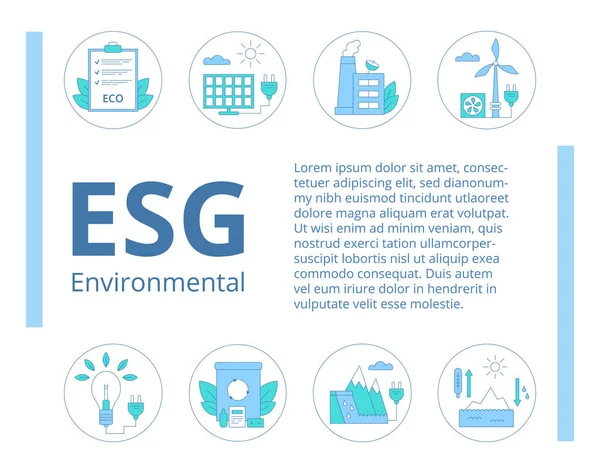 ESG çevre iş konsepti. Sunum için şablon. Pankart. Ortasında metin olan başlık, üstünde ve altında simgeler var. Yenilenebilir enerji. Modern vektör illüstrasyonu. 