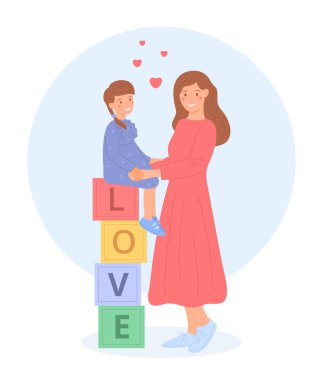 Genç anne çocuk birlikte, düz stil. Mutlu anne, küçük kızının yanında duruyor, o da odalarda oturuyor. Aile değerleri. Beyaz arkaplanda izole edilmiş şirin vektör illüstrasyonu.