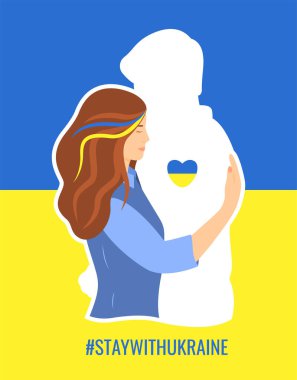 Ukrayna kavramına destek. Ukrayna 'da kal. Ukrayna 'daki savaşı durdurun. Savaşa gitmiş bir adamın şekline bürünmüş umut ve sevgisini ifade eden genç bir kadın. Düz bir dairede şirin bir vektör çizimi