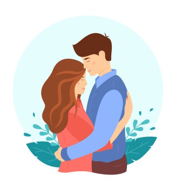 Sevimli sarılma ve destek konsepti. Mutlu genç bir çift. Erkek ve kadın birbirlerine sarılıyor, özen ve destek gösteriyorlar. Düz bir şekilde sevimli vektör illüstrasyonu. 