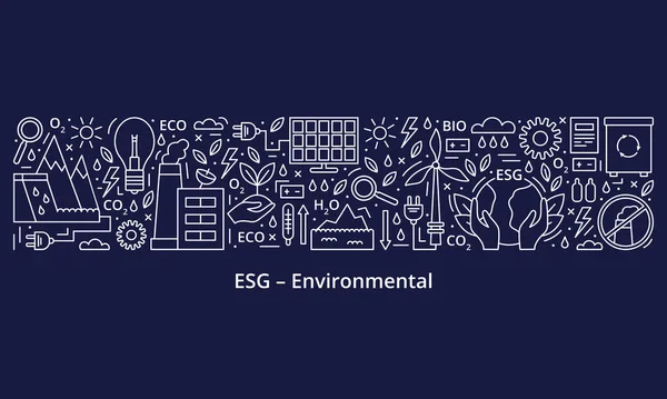 Bir dizi ESG, ECO, Biyo simgeleri. ESG çevre kriterleri, simgeler pankartın en üstünde, başlık ise en altta. Pankart. Şablon. Vektör illüstrasyonu koyu arkaplanda izole edildi.
