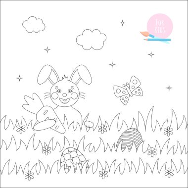 Çocuklar için Paskalya boyama sayfası. Bahçesinde havuç olan sevimli bir tavşan. Düz bir şekilde resimleme. 