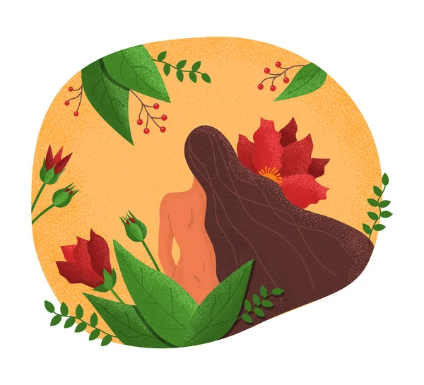 Женщина в природе уходит, плоский стиль. Девушка сидит спиной в красных цветах и зеленых листьях. Симпатичная векторная иллюстрация. — стоковый вектор