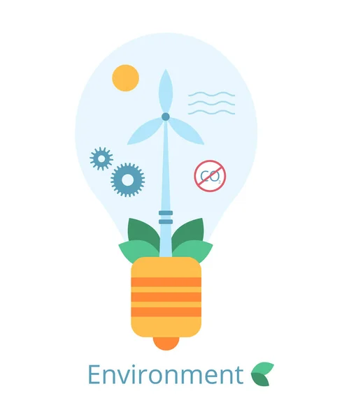 Concetto ESG di Ambiente. Energie rinnovabili da risorse naturali. Una lampadina con turbina eolica, foglie, sole. Illustrazione vettoriale su sfondo bianco in stile piatto. — Vettoriale Stock