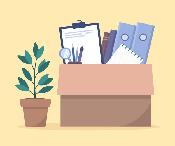 Moving new office concept, flat style. Office accessories in a cardboard box and a houseplant. Folders, notebooks, books, and stationery. Vector illustration on white background. — Stock Vector