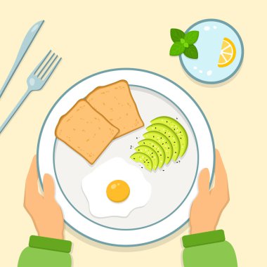 Avokado ile kahvaltı, bir tabak ekmek, yumurta ve avokado dilimleri. Düz biçimdeki şirin vektör illüstrasyonu.