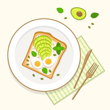 Avokado ve yumurtalı sağlıklı bir tost. Düz bir şekilde vektör illüstrasyonu.