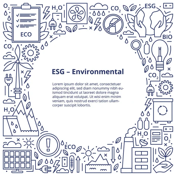 İkonlar ESG, ECO, BIO. ESG çevresel kriterleri, simgeler karenin tepesine ve altına yerleştirilmiş ve ortasında yazılar bulunmakta. Şablon. Vektör illüstrasyonu beyaz arkaplanda izole edildi. — Stok Vektör