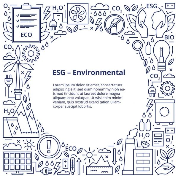 İkonlar ESG, ECO, BIO. ESG çevresel kriterleri, simgeler karenin tepesine ve altına yerleştirilmiş ve ortasında yazılar bulunmakta. Şablon. Vektör illüstrasyonu beyaz arkaplanda izole edildi.