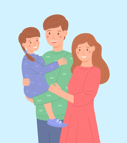 Young family kid together, flat style. Happy parents with their young daughter. Family values. Cute illustration. — Stockfoto