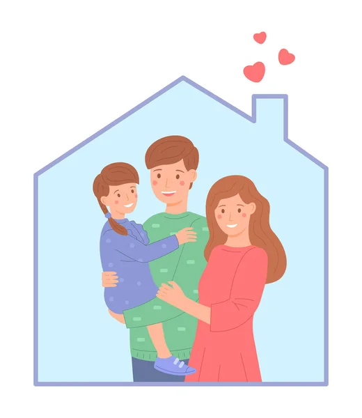 Νεαρό παιδί της οικογένειας μαζί, επίπεδο στυλ. Ευτυχισμένοι γονείς με μια μικρή κόρη σε σχήμα σπιτιού. Οικογενειακές αξίες. Ωραία εικόνα.. — Φωτογραφία Αρχείου