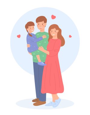 Genç bir aile çocuğu, düz stil. Mutlu ebeveynler ve genç kızları. Aile değerleri. Sevimli illüstrasyon.