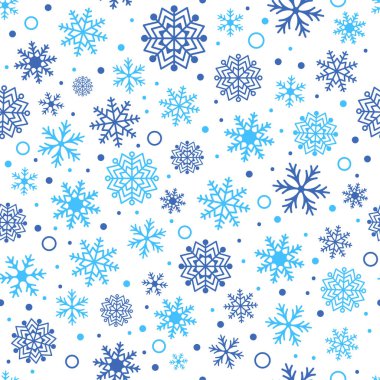 Mavi kar tanesi konsept deseni. Vektör Noel kusursuz desen. Farklı şekil ve boyutlarda mavi kar taneleri olan şirin bir arka plan. Beyaz arka planda bir sürü soğuk pul pul elementler var. Vektör