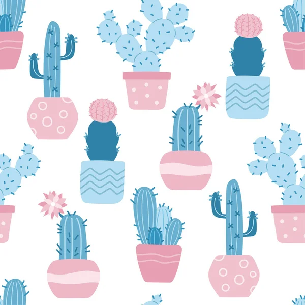 Ev bitkileri, mavi kaktüs, düz stil. Çiçek saksılarında farklı kaktüsleri olan kusursuz bir şekil. Mavi, pembe, beyaz renkler. Çöl bitkileriyle el çizimi sevimli bir arka plan. Vektör illüstrasyonu.